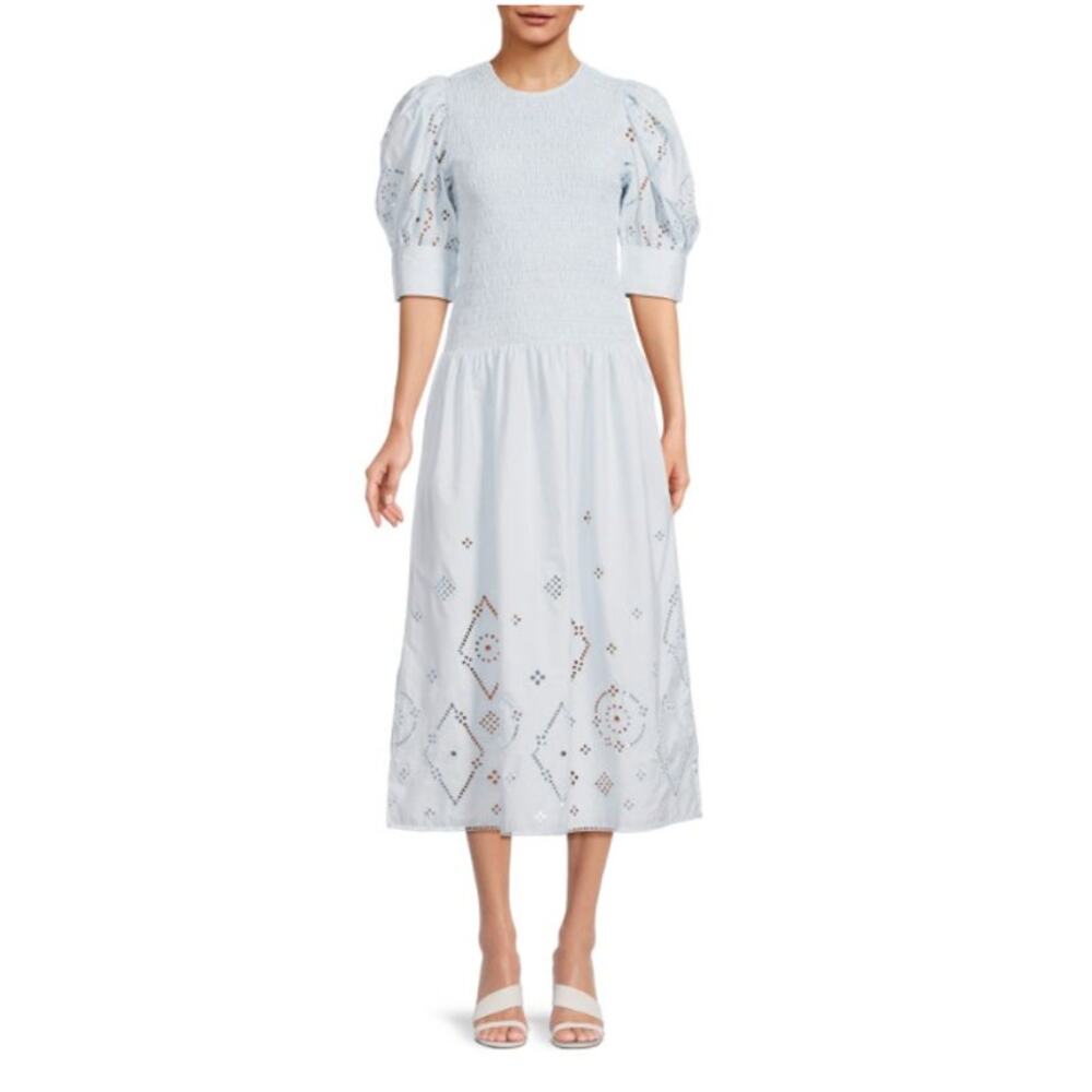GANNI Broderie Anglaise Eyelet Cotton Midi Dress Light Blue Smocked Size 34 US 2